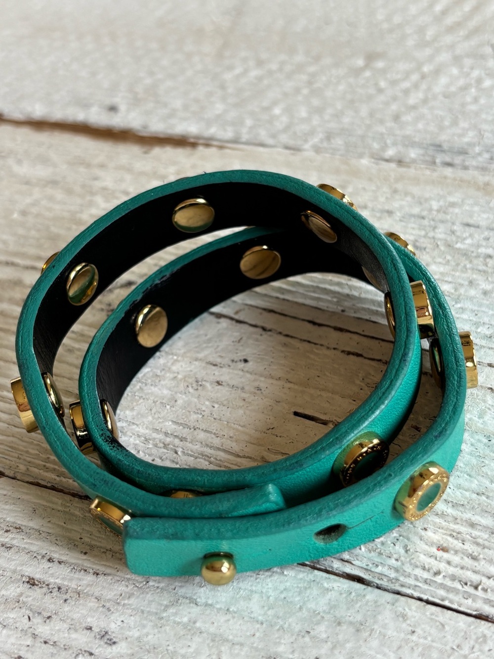 TORY BURCH $128 Teal Double Wrap Leather Stud Bracelet brass leather Boho - Picture 9 of 10